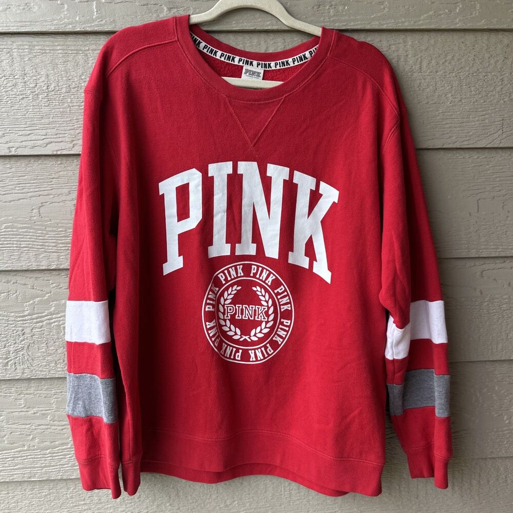 Victorias Secret PINK University Campus Fleece Large Red Y2K Crewneck Sweatshirt